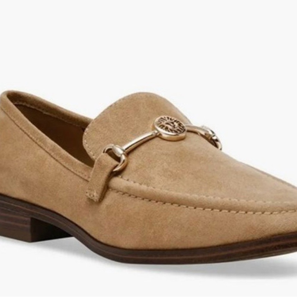 Anne Klein Suede Loafers – Size 9.5 – Sandstone Neutral – Gold Bit Detail